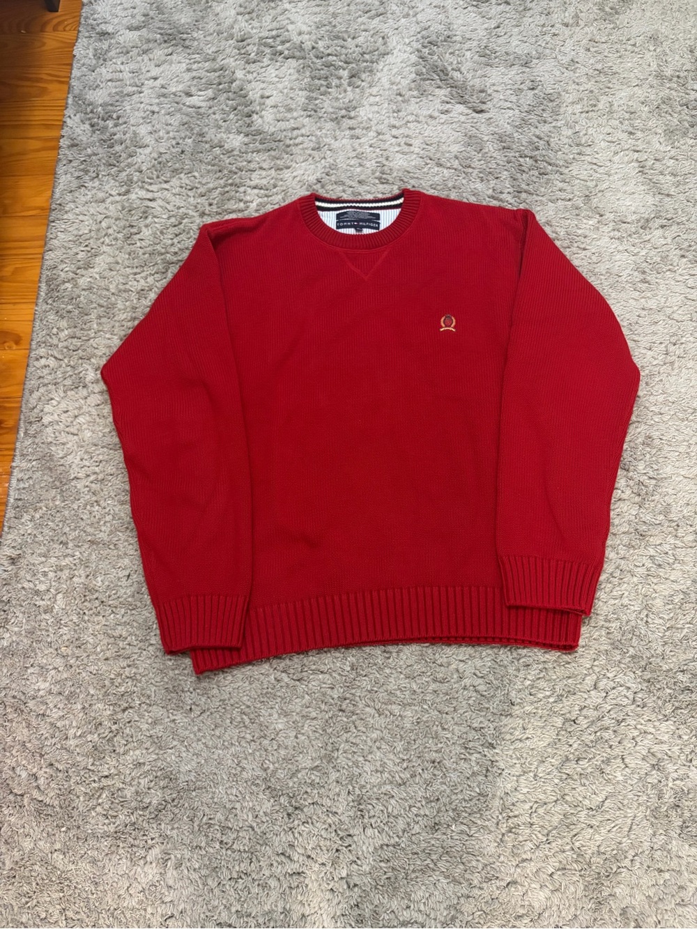 Vintage Y2K 2001 Tommy Hilfiger red crewneck knit sweater size XL in men’s.